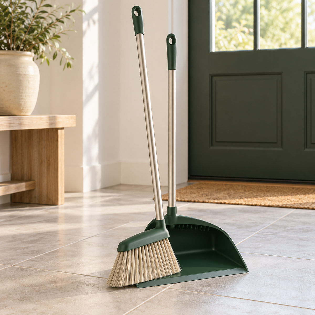 Broom and matching dustpan set in a bright entryway