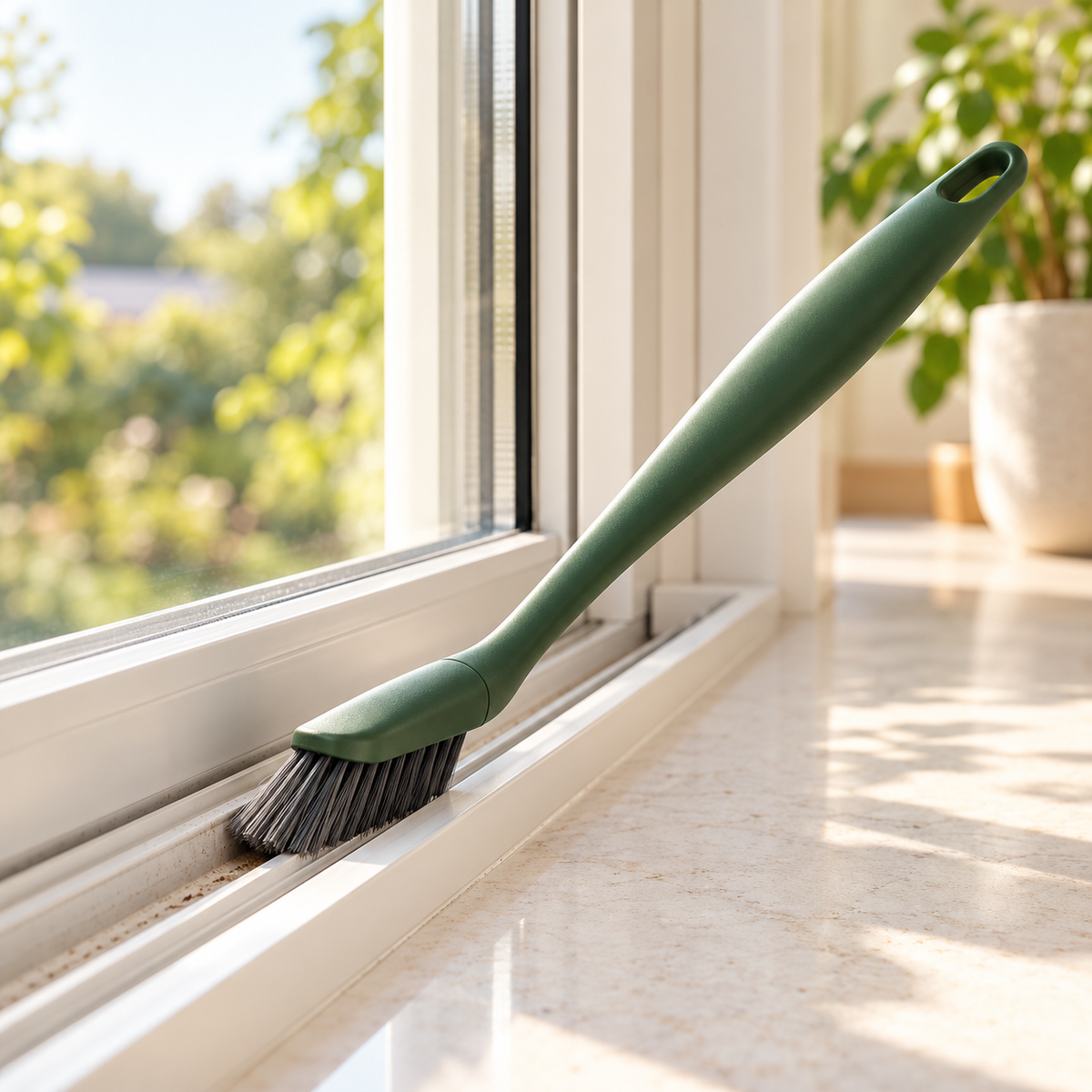 Narrow detail brush along a clean window track