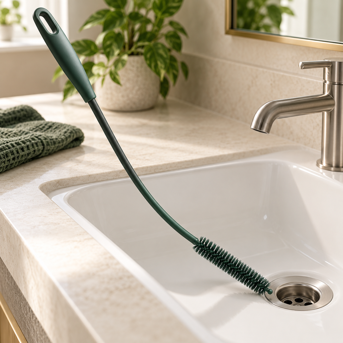 Slim drain cleaning brush beside a bathroom basin