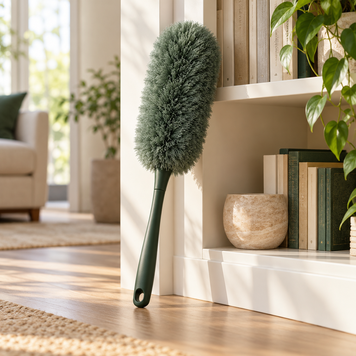 Soft-head duster in a bright home setting