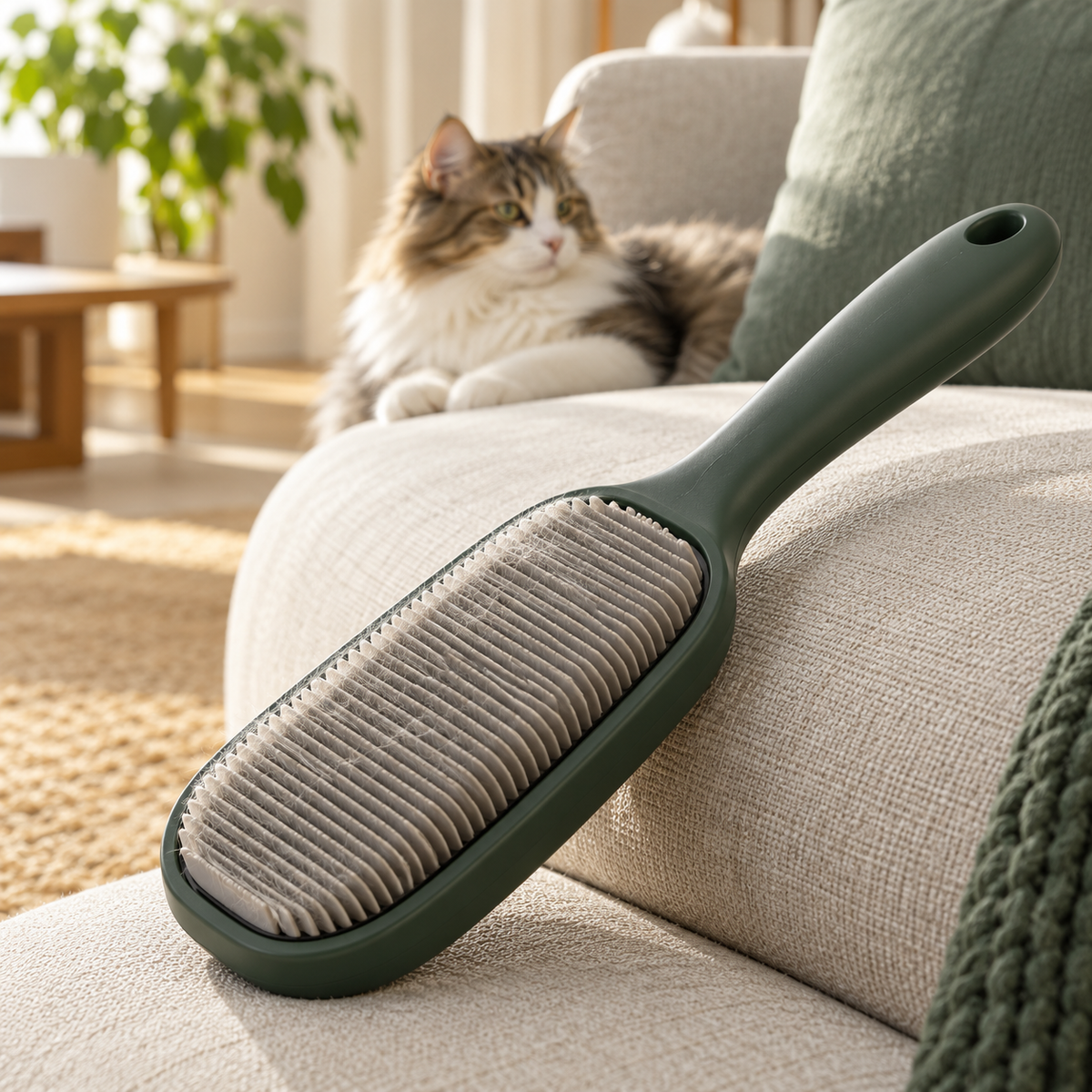 Handheld upholstery brush beside a neutral sofa