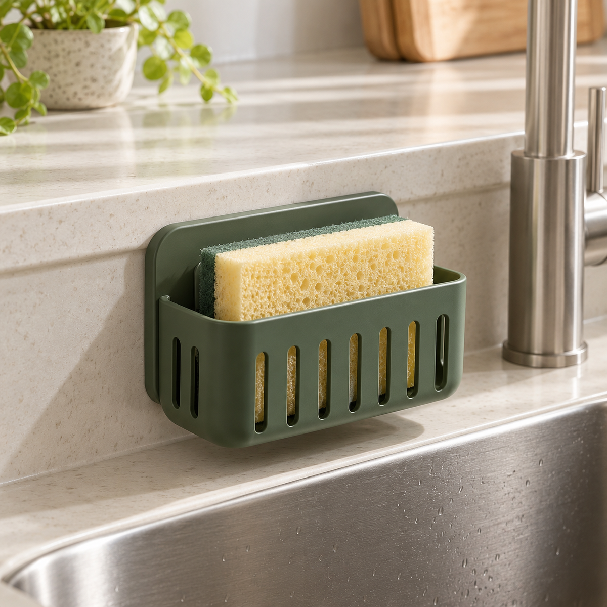 Ventilated sponge holder beside a kitchen sink