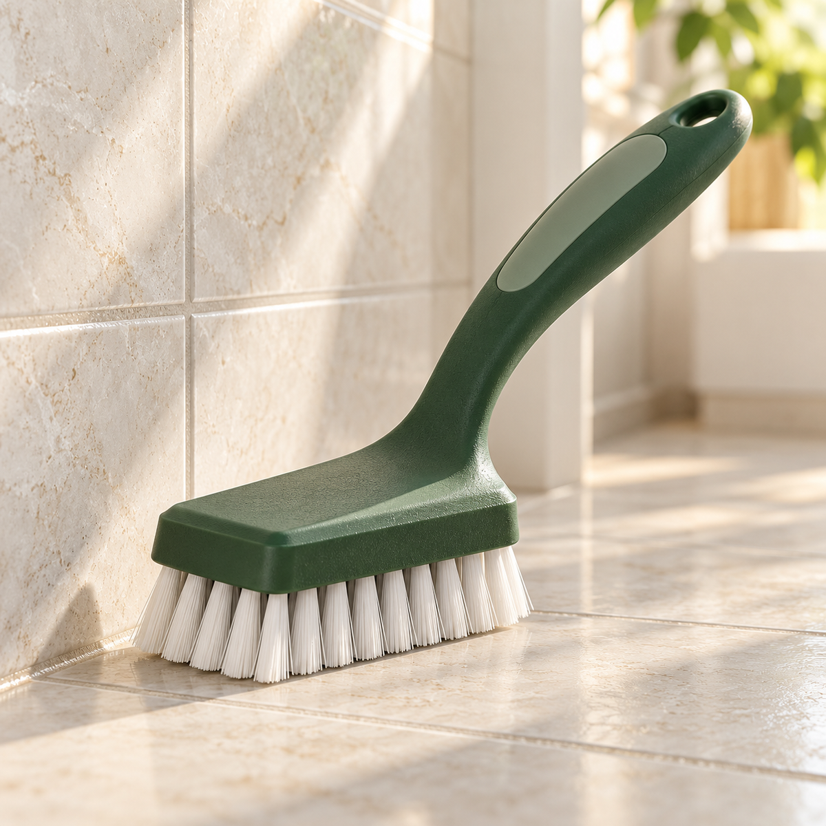 Angled tile scrub brush beside bathroom tile