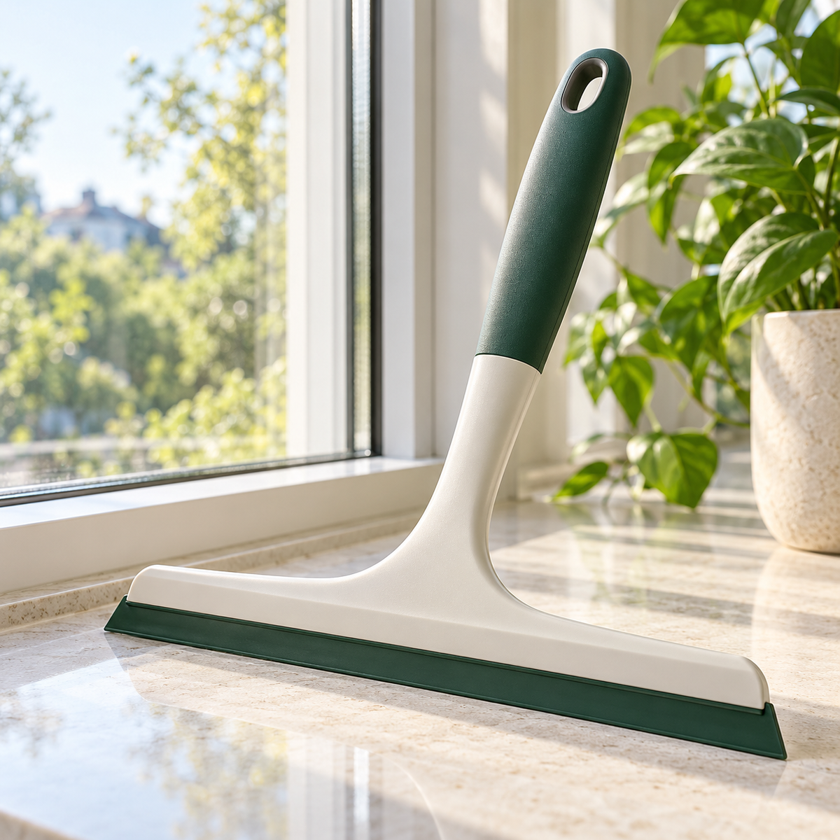 Window squeegee beside a bright window